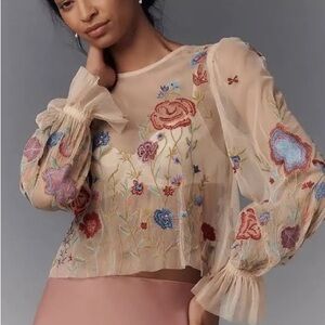 Anthropologie Layla Long Sleeve Appliqué Mesh Blouse